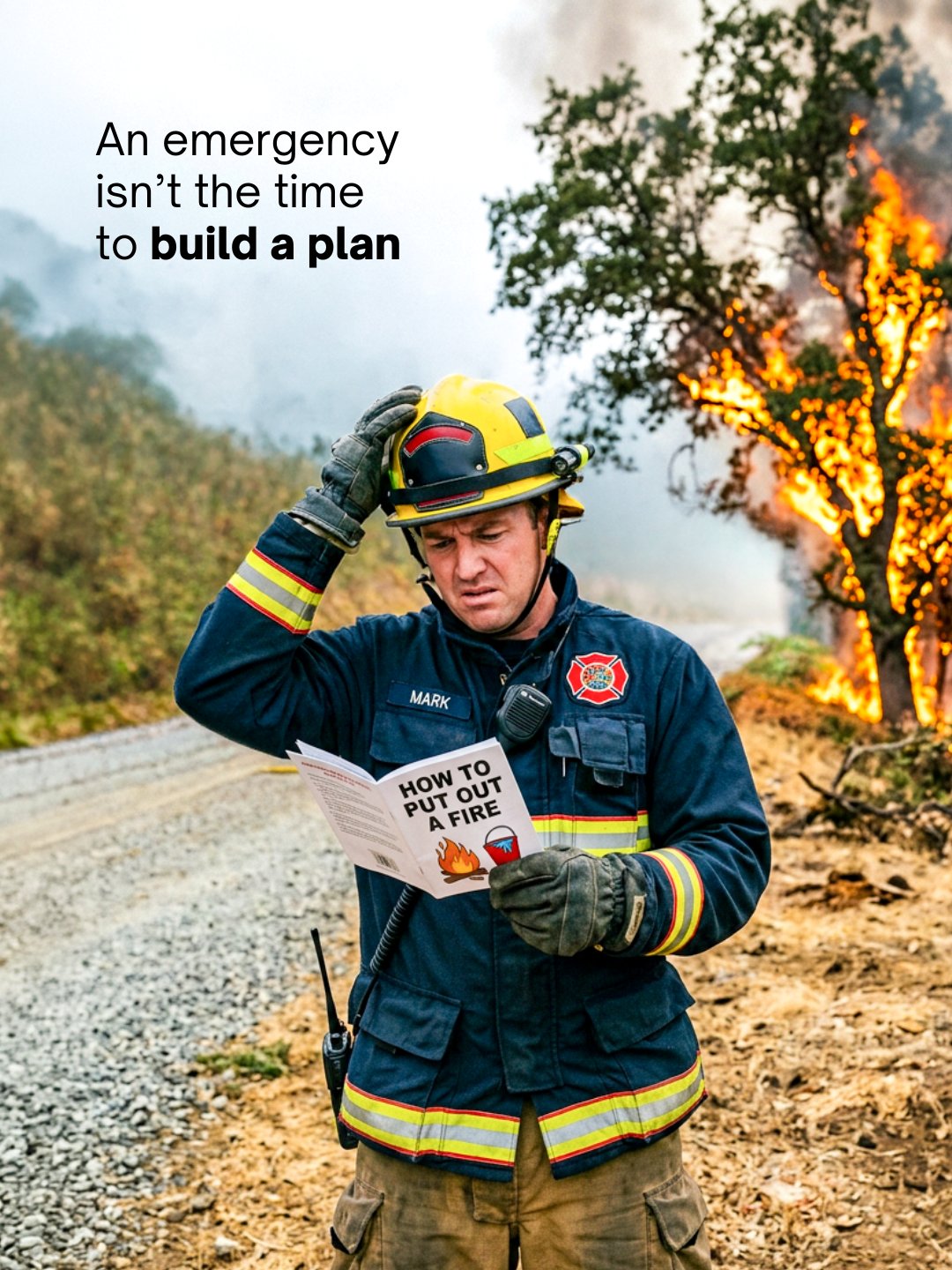 Firefighter reading how-to manual during wildfire emergency